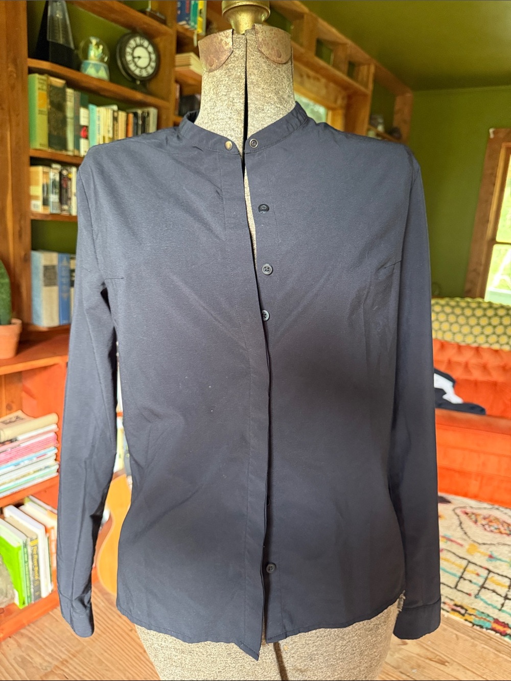 Ministry of Supply Black Mandarin-Collar Button-Down Shirt